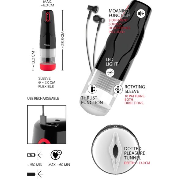 WYNE 05 - masturbatore rotante ricaricabile - silicone nero bianco