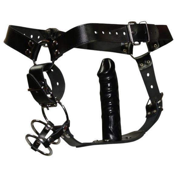 ZADO - tanga in pelle con dildo e 3 anelli fallici - L/XL