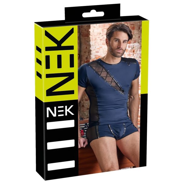 NEK - maglia uomo blu con lacci e dettagli a rete nera - L
