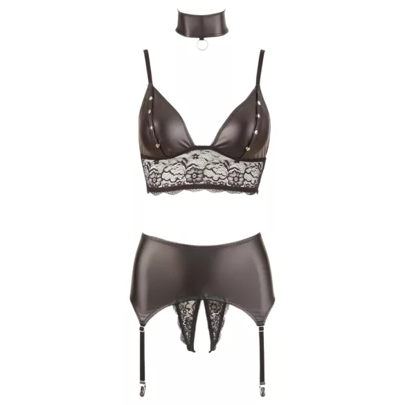 Cottelli Bondage - set lingerie lucido con pizzo 4 pezzi - L