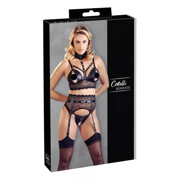 Cottelli Bondage - completo di lingerie in pizzo con manette (nero) - L