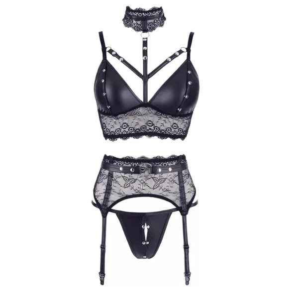 Cottelli Bondage - completo di lingerie in pizzo con manette (nero) - L