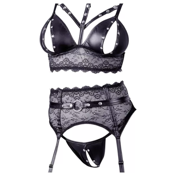 Cottelli Bondage - completo di lingerie in pizzo con manette (nero) - L
