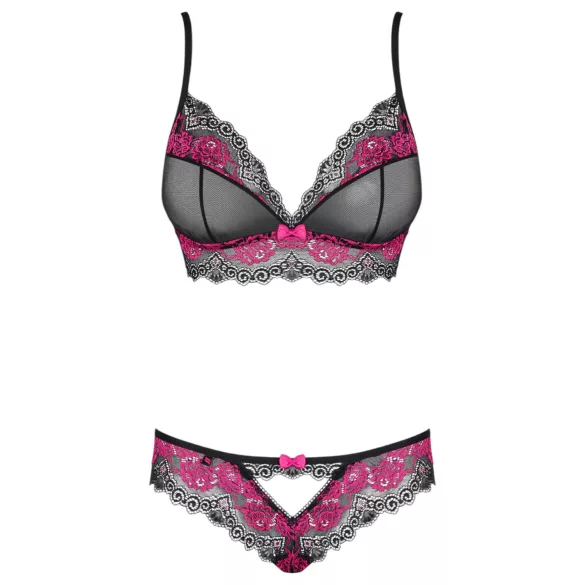 Obsessive Tulia - set di lingerie in pizzo (nero‑rosa)