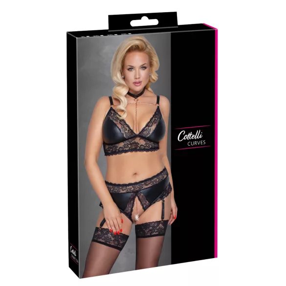 Cottelli Curves - set lingerie effetto lucido - nero - 2XL