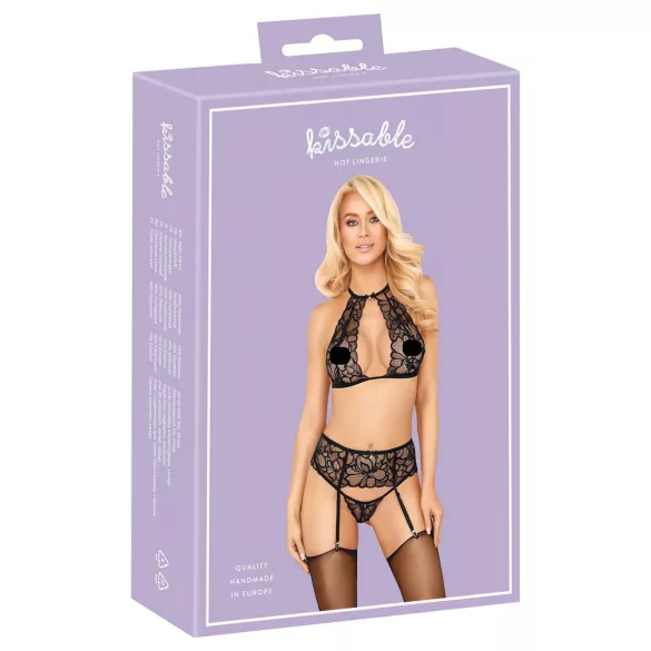 Baciabili - set reggiseno in pizzo con laccio al collo (nero)