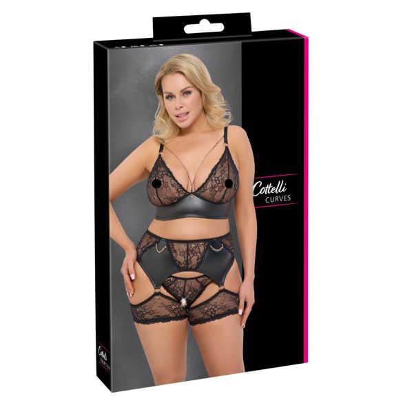 Cottelli Curves - set reggiseno e slip pizzo con inserti effetto pelle - nero