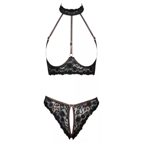 Cottelli - reggiseno aperto in pizzo e perizoma con dettagli oro rosa (nero)