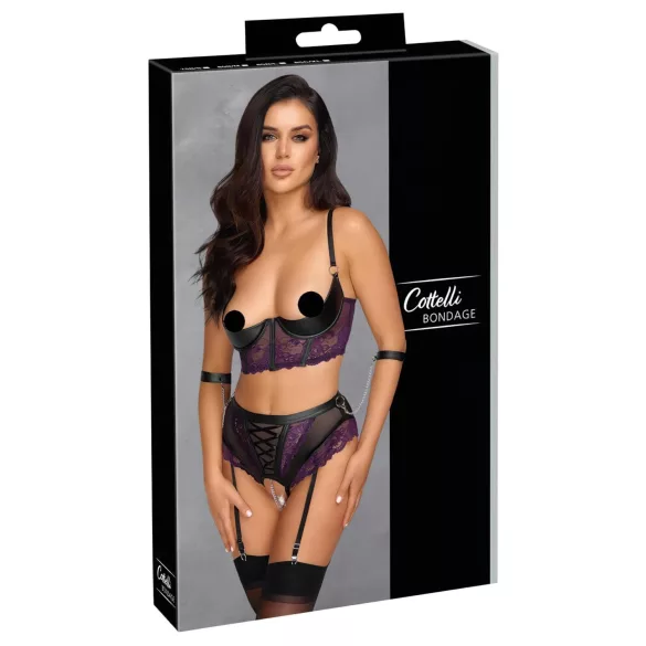 Cottelli Bondage - set reggiseno e manette per le braccia (nero-viola)