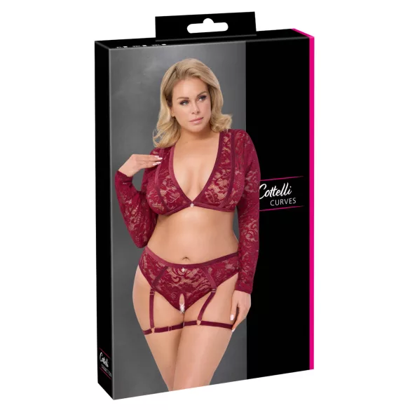 Cottelli Curves - set intimo maniche lunghe pizzo rosso - 2XL