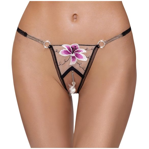Cottelli - tanga ricamato con giglio - nero e bianco - lusso - M/L