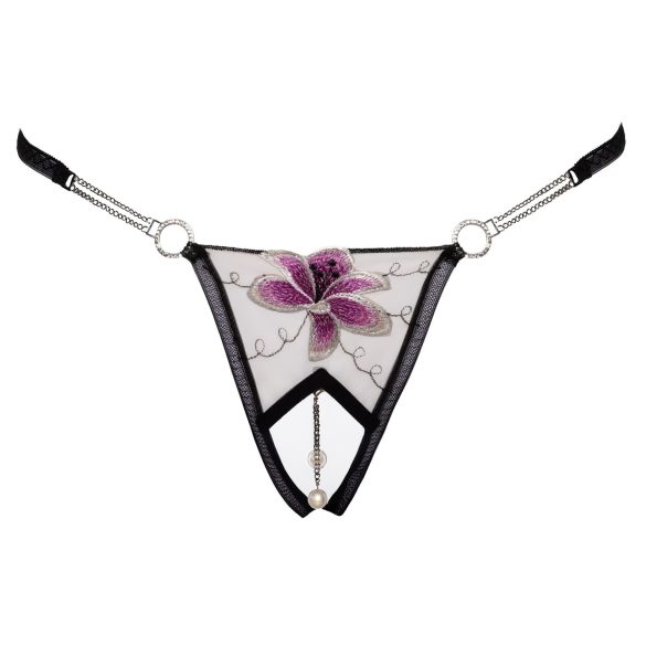 Cottelli - tanga ricamato con giglio - nero e bianco - lusso - M/L