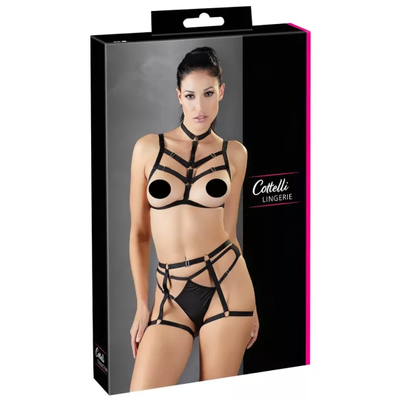 Cottelli - trio di lingerie con imbracatura decorativa per il corpo (nero, S-L)