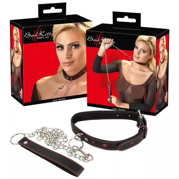 Bad Kitty - collare con cuore e guinzaglio in metallo - nero
