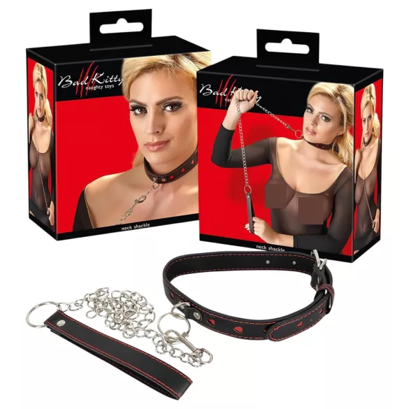 Bad Kitty - collare con cuore e guinzaglio in metallo - nero