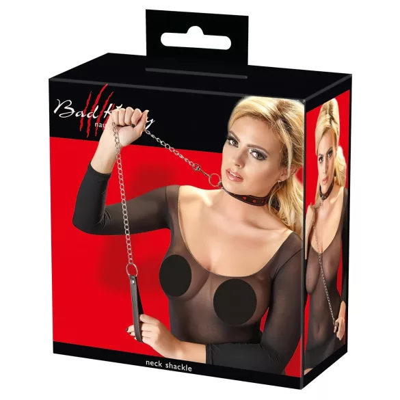 Bad Kitty - collare con cuore e guinzaglio in metallo - nero