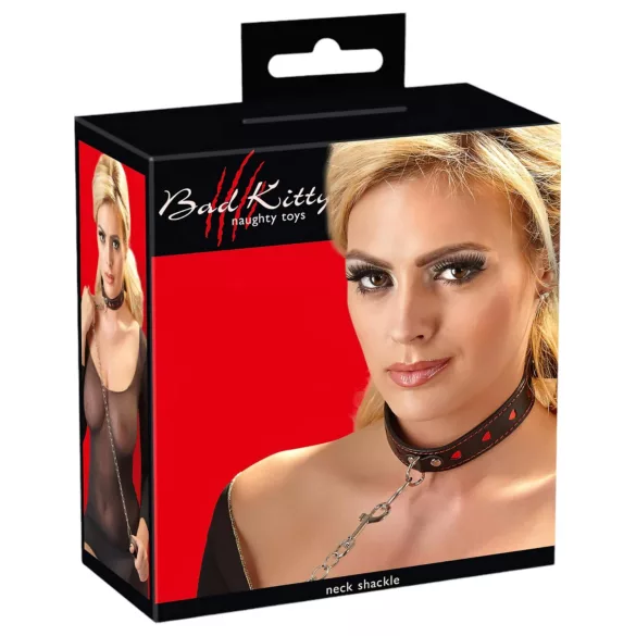 Bad Kitty - collare con cuore e guinzaglio in metallo - nero