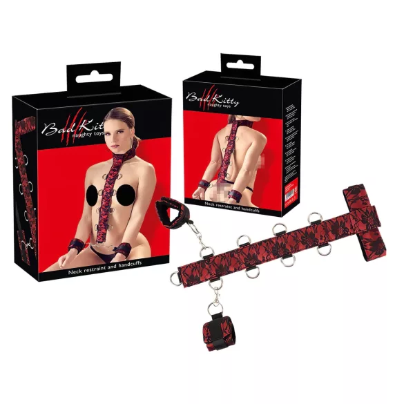 Bad Kitty - set bondage braccia-collo - collegamento regolabile - rosso nero