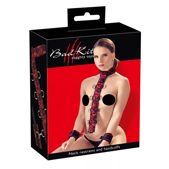 Bad Kitty - set bondage braccia-collo - collegamento regolabile - rosso nero