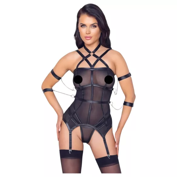 Cottelli Bondage - top con cinghie, manette e perizoma (nero)