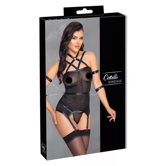 Cottelli Bondage - top con cinghie, manette e perizoma (nero)