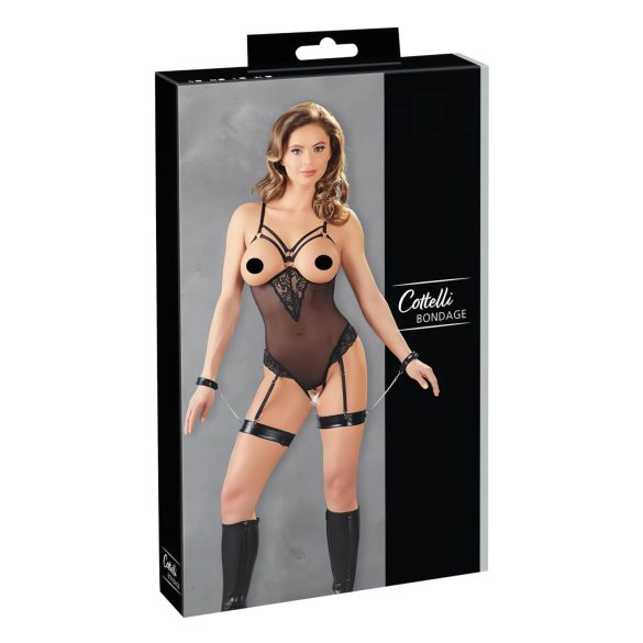 Cottelli Bondage - Body nero con anelli metallici e polsiere - L