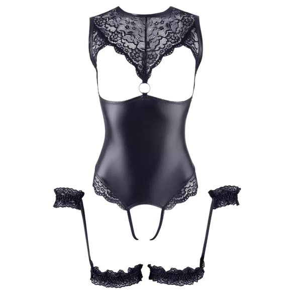 Cottelli Bondage - body aperto lucido con polsini per polsi - nero