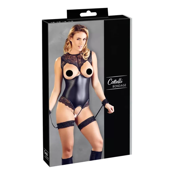 Cottelli Bondage - body aperto lucido con polsini per polsi - nero - L