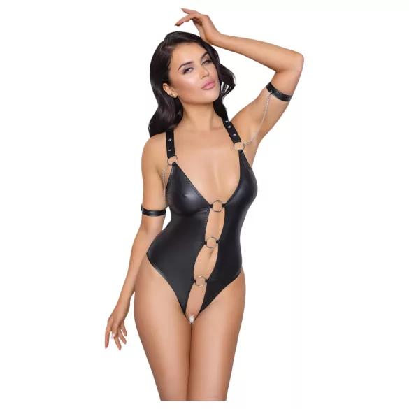 Cottelli Bondage - body aperto con anelli effetto lucido nero - L