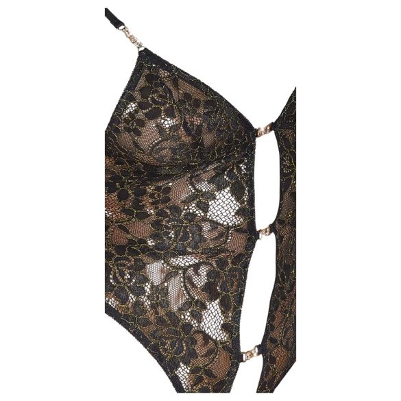 Abierta Fina - body aperto in pizzo con strass (nero) - L