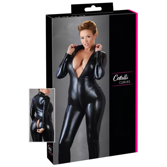 Cottelli Plus Size - tuta aderente lucida maniche lunghe - nero