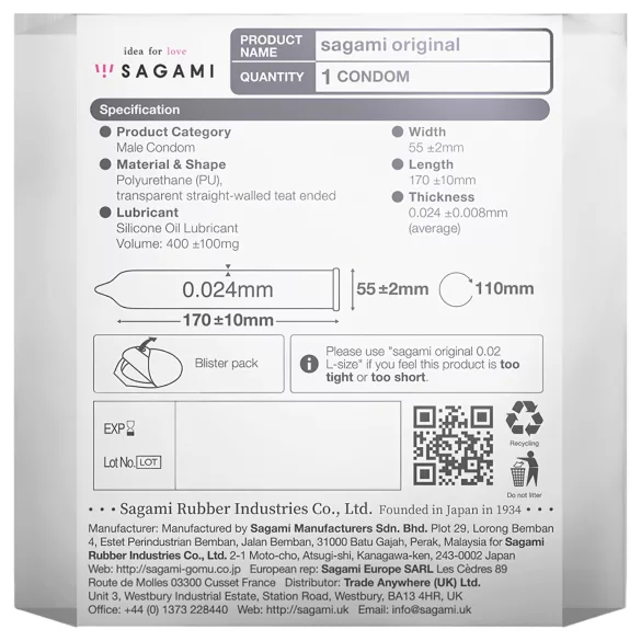 Sagami Original 0,02 - profilattico - ultra sottile 55mm (1 pezzo)
