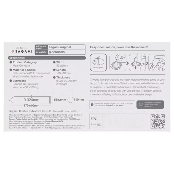 Sagami Original 0.02 - preservativo - ultrasottile 0,02mm - 55mm (6 pezzi)