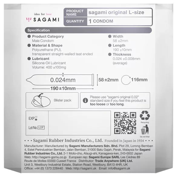 Sagami Original 0,02 L - preservativo - 58mm - 1 pezzo
