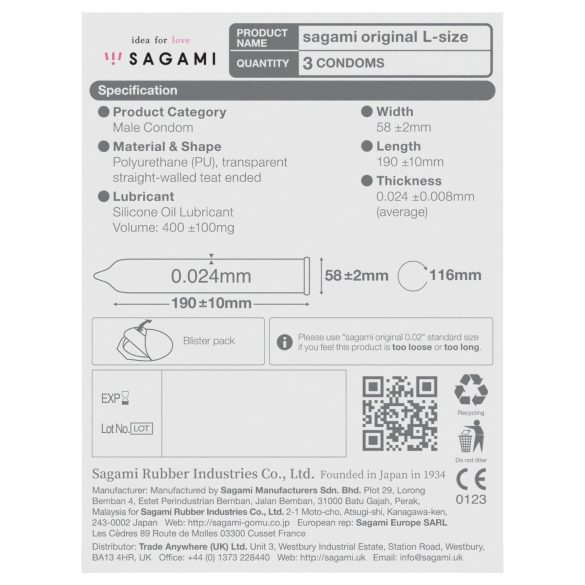 Sagami Original 0,02 L - profilattico - taglia larga 58mm - 3 pezzi