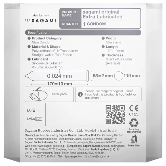 Sagami Original 0,02 - preservativo extra lubrificato - 55mm - 1 pezzo