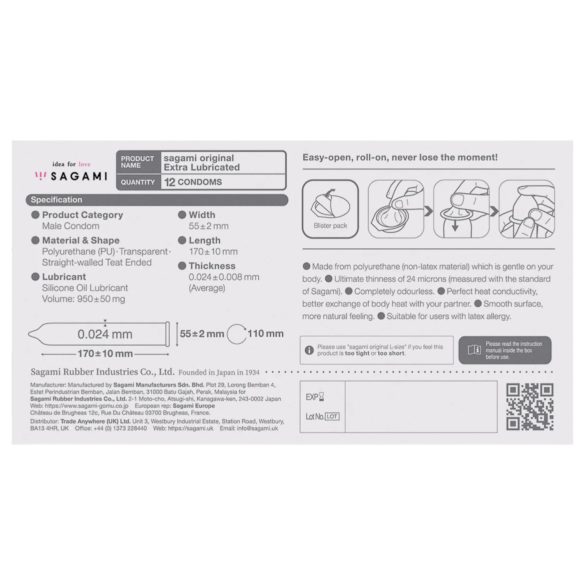 Sagami Original 0.02 - preservativo extra lubrificato - 55mm - 12 pezzi