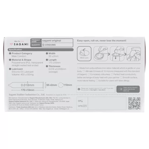 Sagami Original 0.01 - preservativo - ultrafine - 55mm - confezione da 5