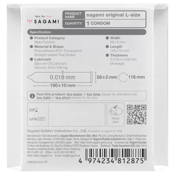 Sagami Original 0,01 L - preservativo ultrasottile - 58mm - 1 pezzo