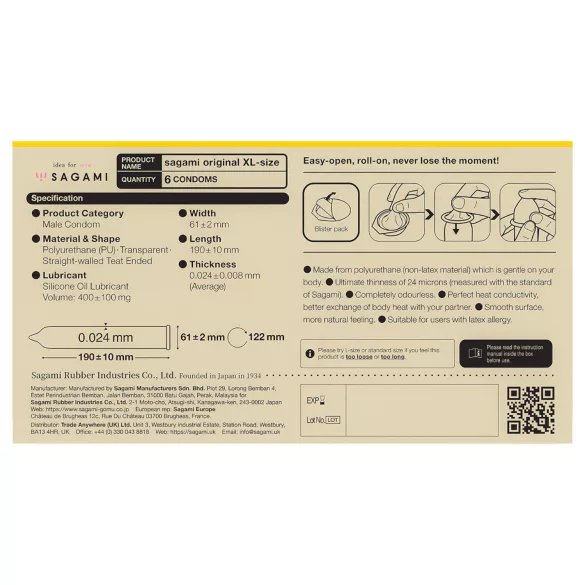 Sagami Original 0,02 XL - preservativo - extra largo 61mm - 6 pezzi