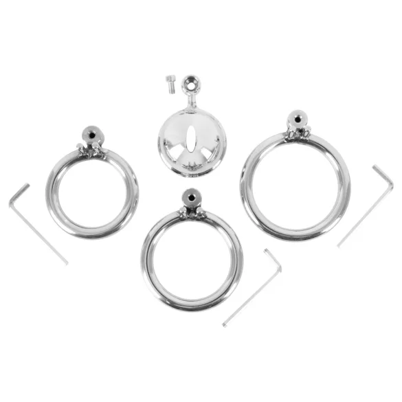 collezione fetish - mini gabbia per pene con 3 anelli intercambiabili per testicoli (argento)
