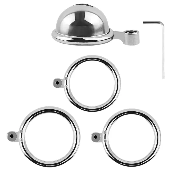 collezione fetish - mini gabbia per pene con 3 anelli intercambiabili per testicoli (argento)