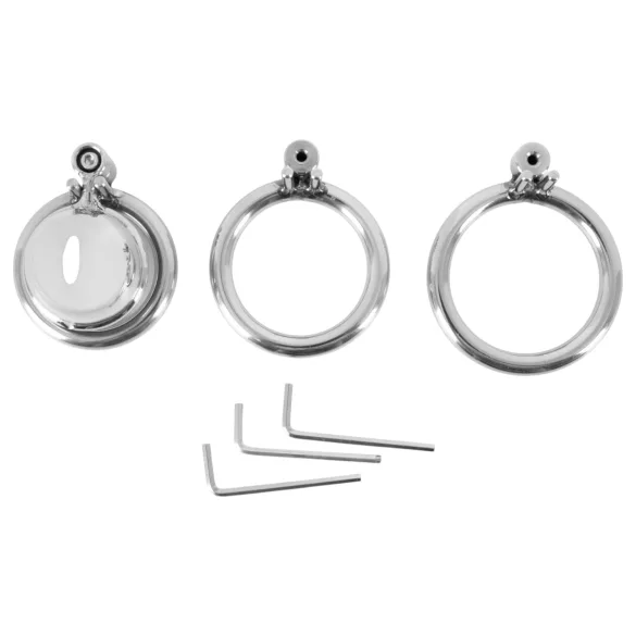 collezione fetish - mini gabbia per pene con 3 anelli intercambiabili per testicoli (argento)