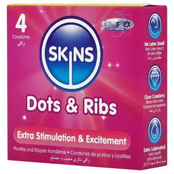 Skins - preservativi stimolanti con nervature e punti - confezione da 4