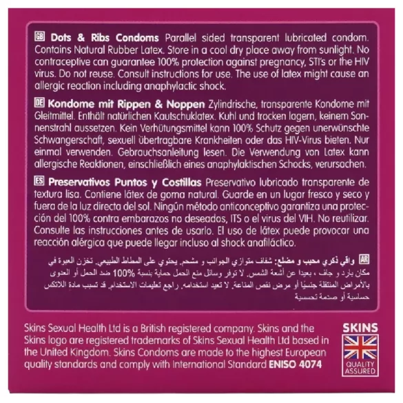Skins - preservativi stimolanti con nervature e punti - confezione da 4