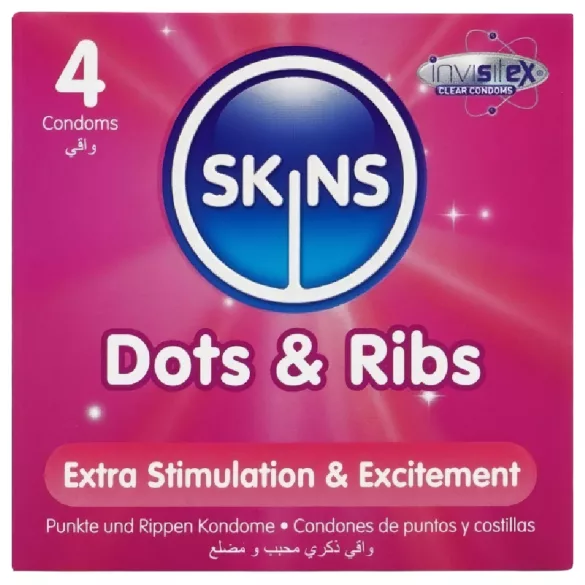 Skins - preservativi stimolanti con nervature e punti - confezione da 4