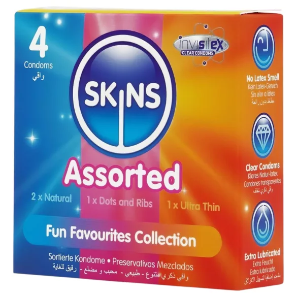 Skins - preservativi assortiti - puntinati, naturali, extra sottili (4 pz)