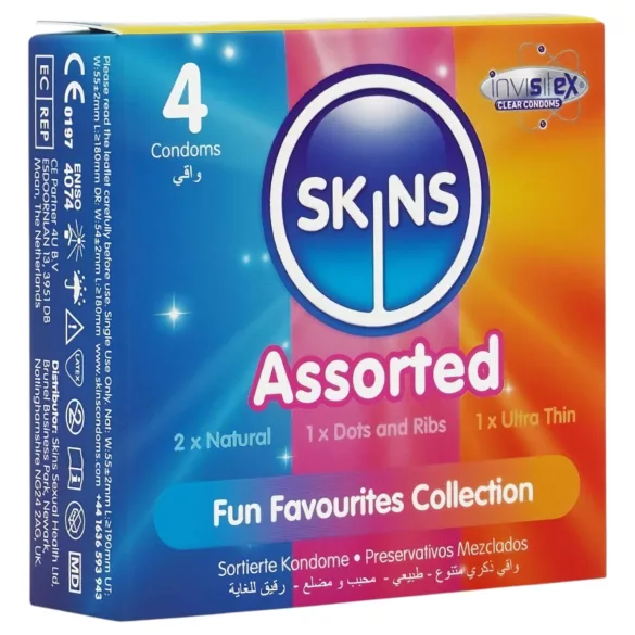 Skins - preservativi assortiti - puntinati, naturali, extra sottili (4 pz)