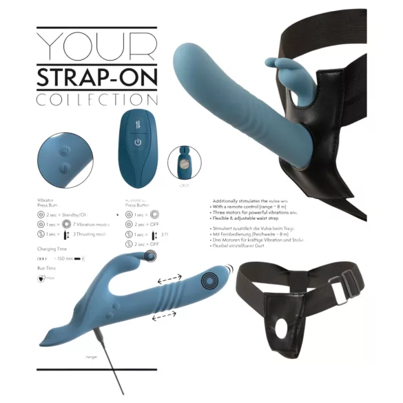 You2Toys - Vibratore a spinta con coniglietto, indossabile a cinghie, 3 pezzi, con telecomando (blu)