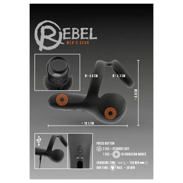 Rebel - anello fallico con vibrazione per stimolazione dei testicoli e del perineo (nero)